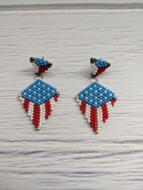 Handcrafted Blue, Red & White Beaded Drop Earrings